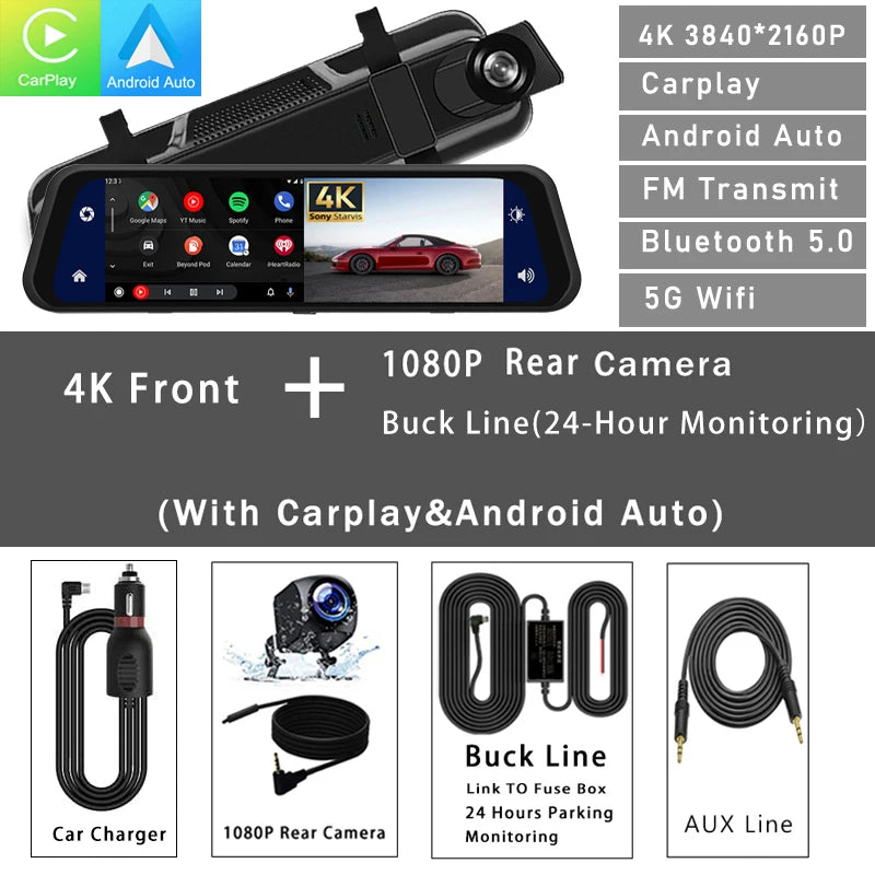 11.26 4K Inch Wireless Android Auto Phone Projection Dash Cam Dual  Recording DVR With AUX FM